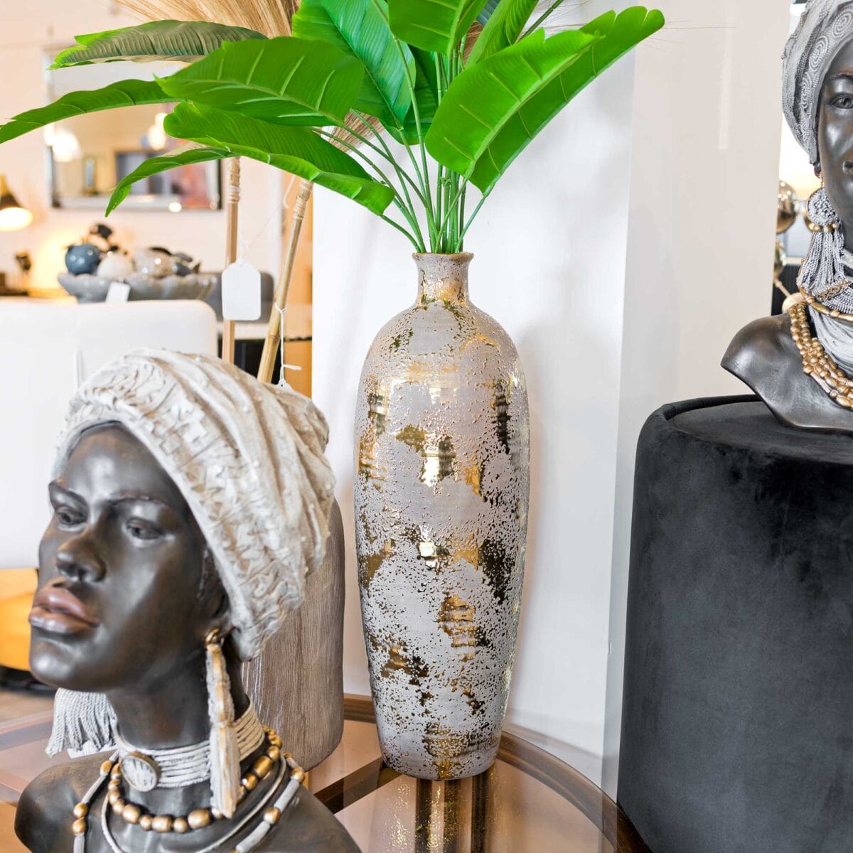 Aurous Gold Fleck Tall Ceramic Vase on Display