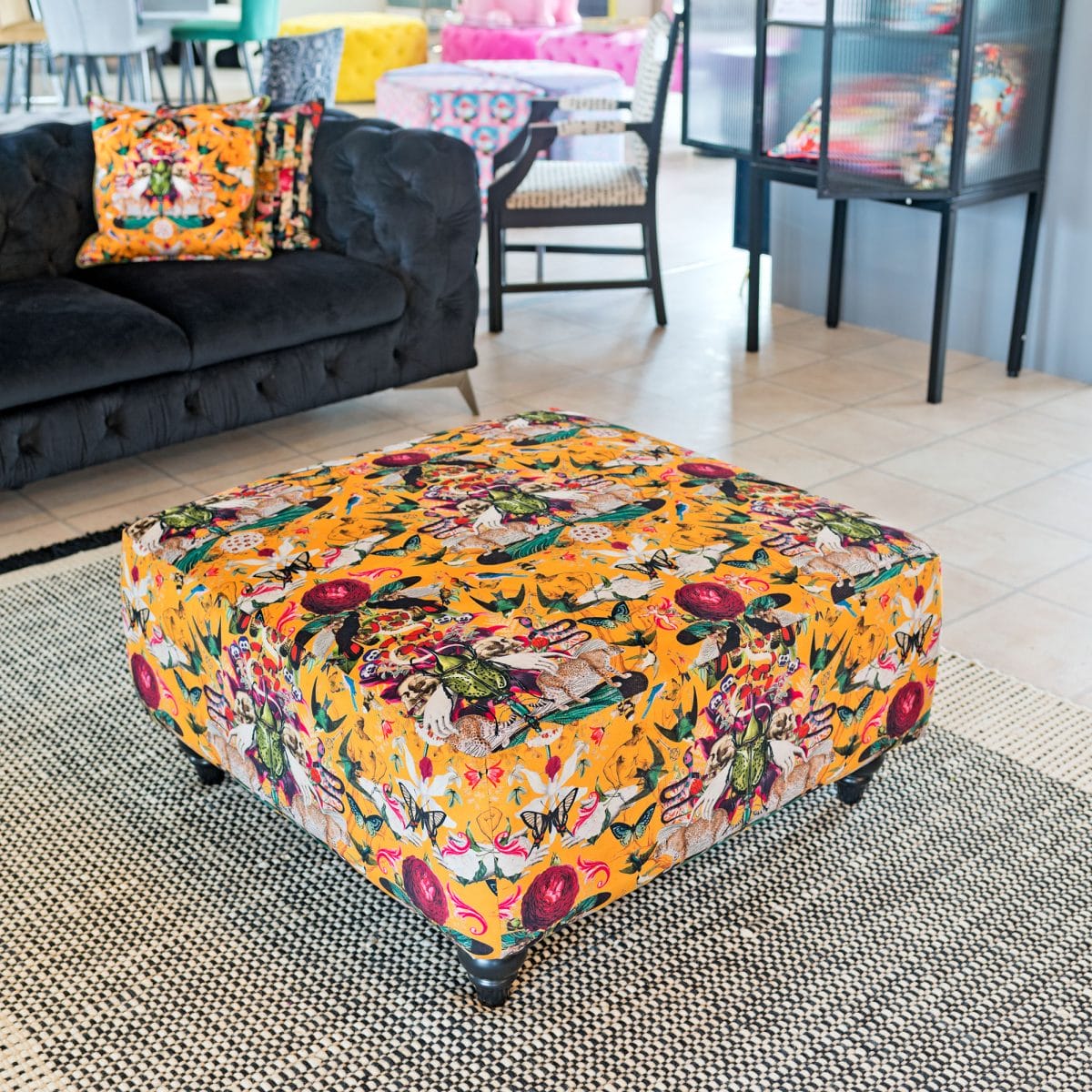 Myrtle and Mary Square Fabric Pouffe in our Showroom