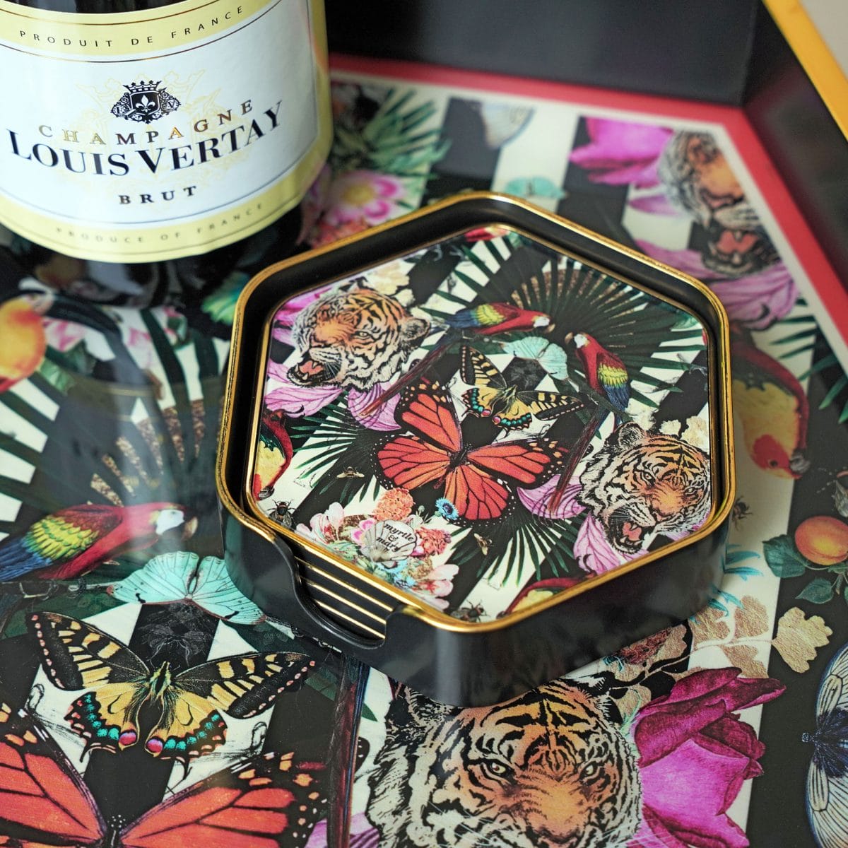 Myrtle and Mary Hexagon Coasters Close Up