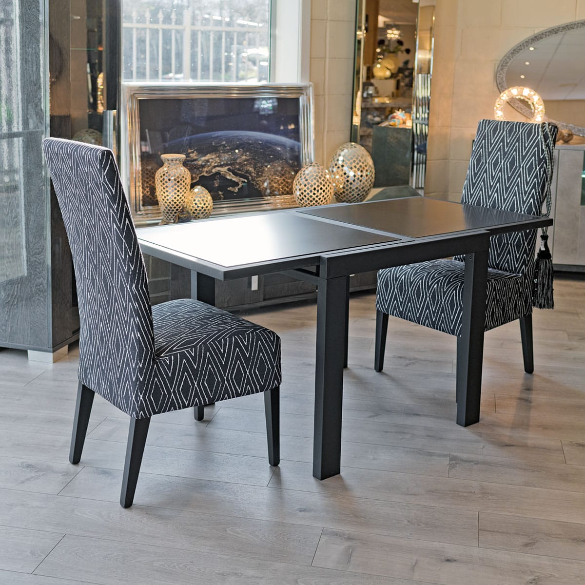 Frosted Black Glass Extending Dining Table - on display in our showroom - after extension