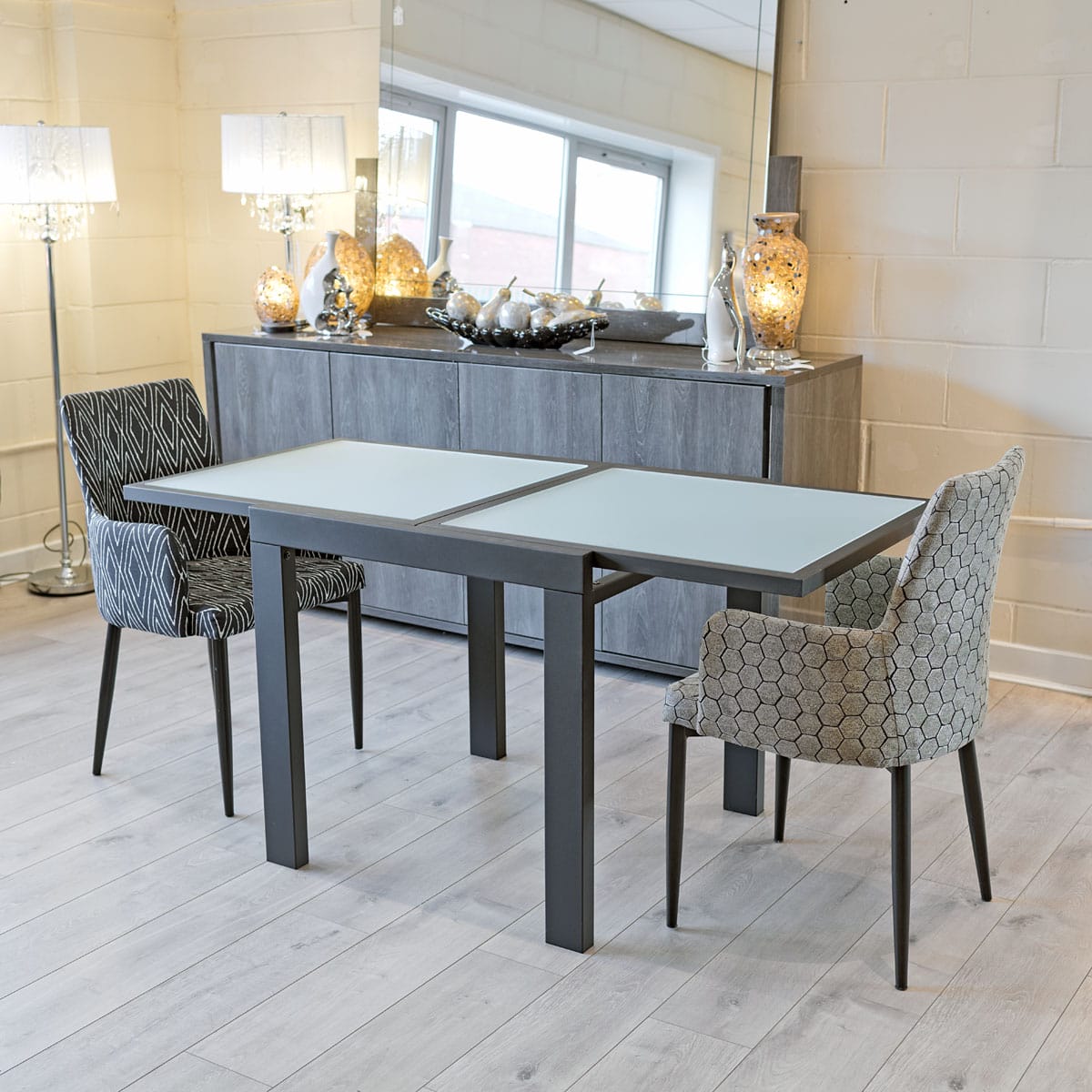 Frosted White Glass Extending Dining Table - On display in our Showroom after extension