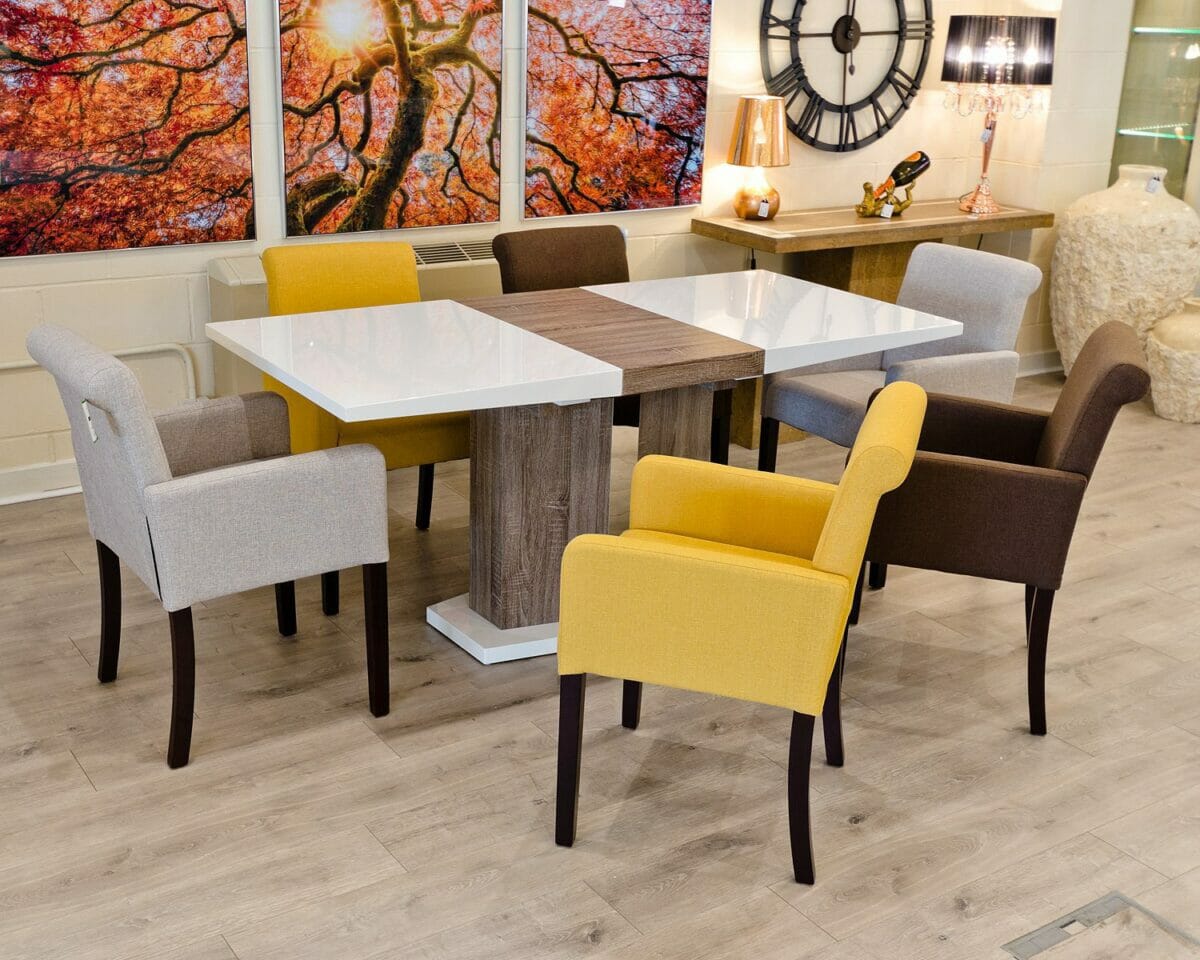 High Gloss White Extending Dining Table With Light Oak Wood Effect