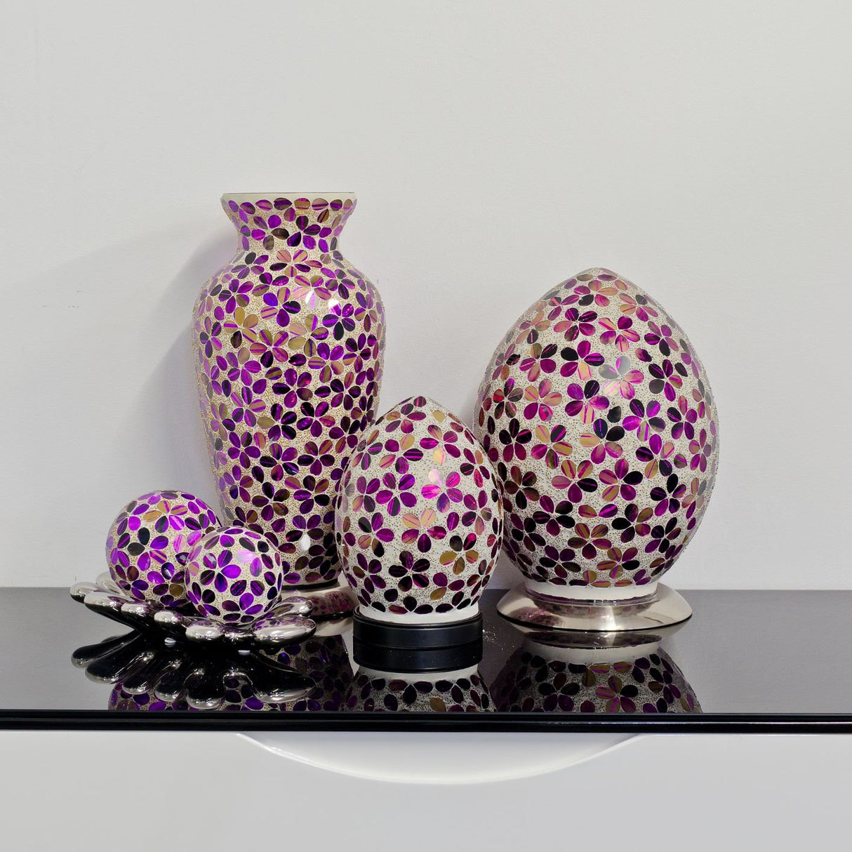 Magenta Flower Medium Mosaic Glass Vase Lamp