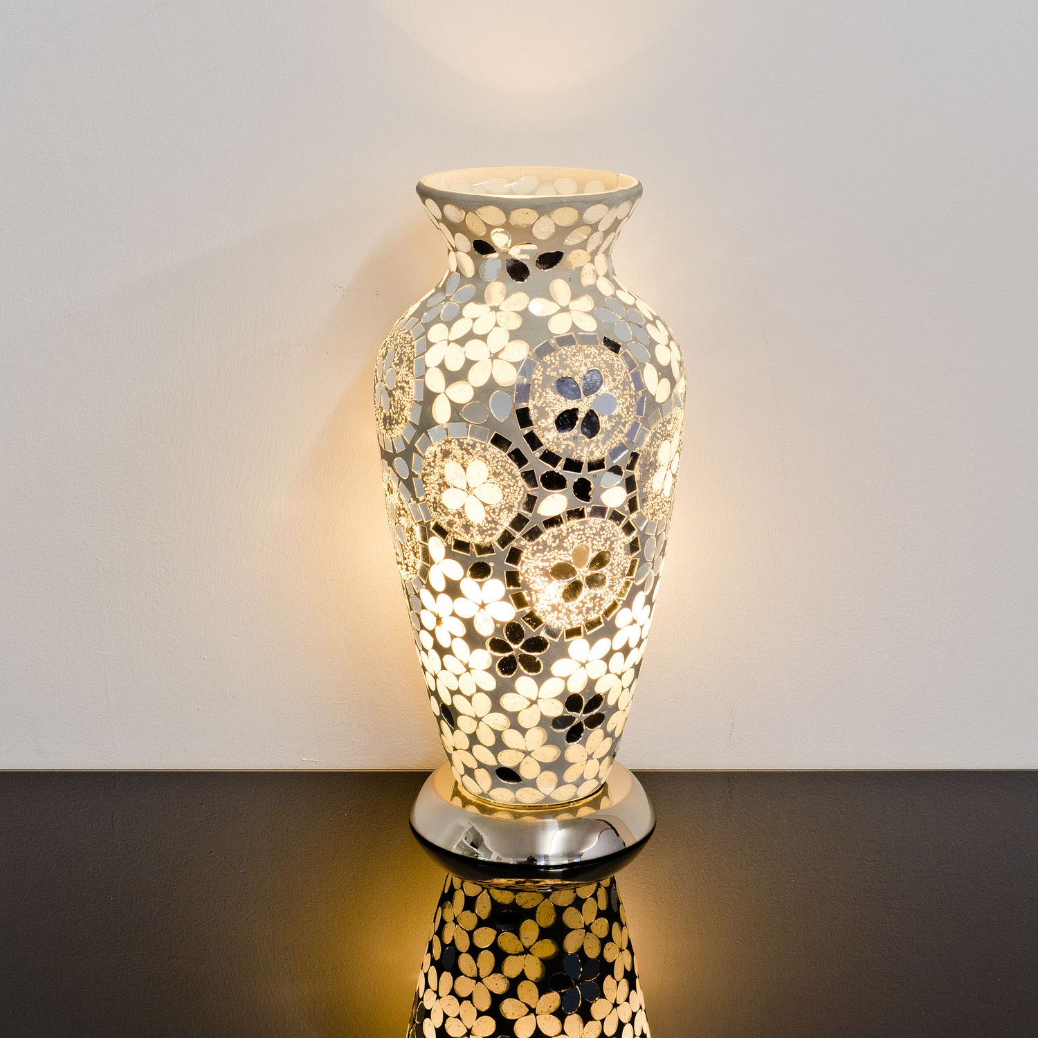 Art Deco Mirrored Flower Medium Mosaic Glass Vase Lamp