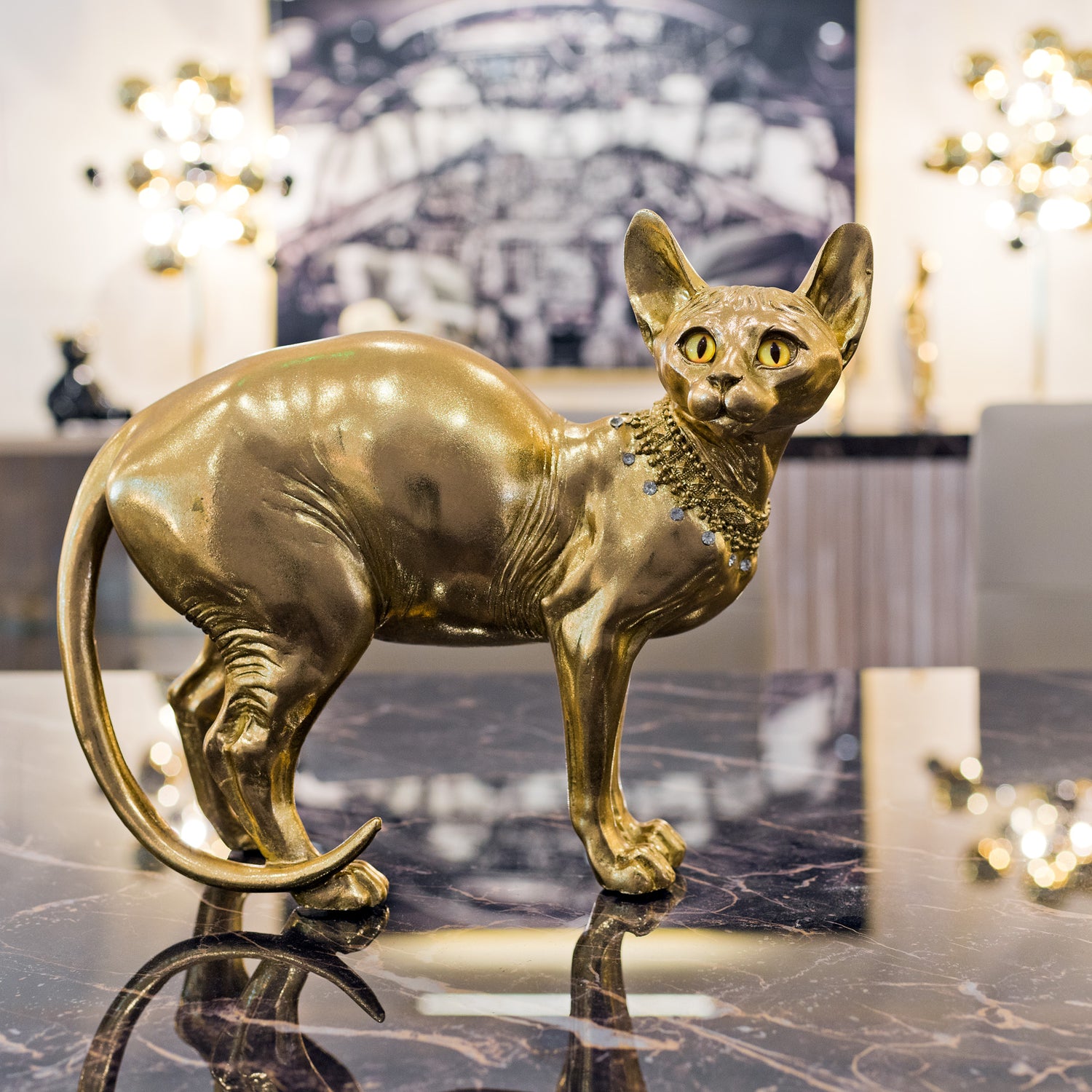 Gold Sphynx Cat Ornament with Diamante Necklace