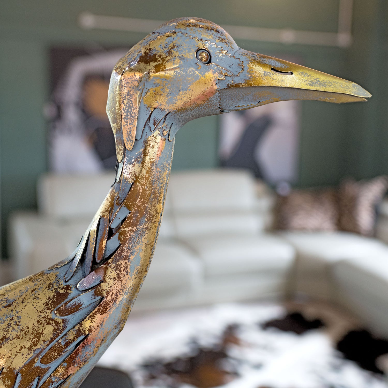 Metal Walking Crane Bird Sculpture