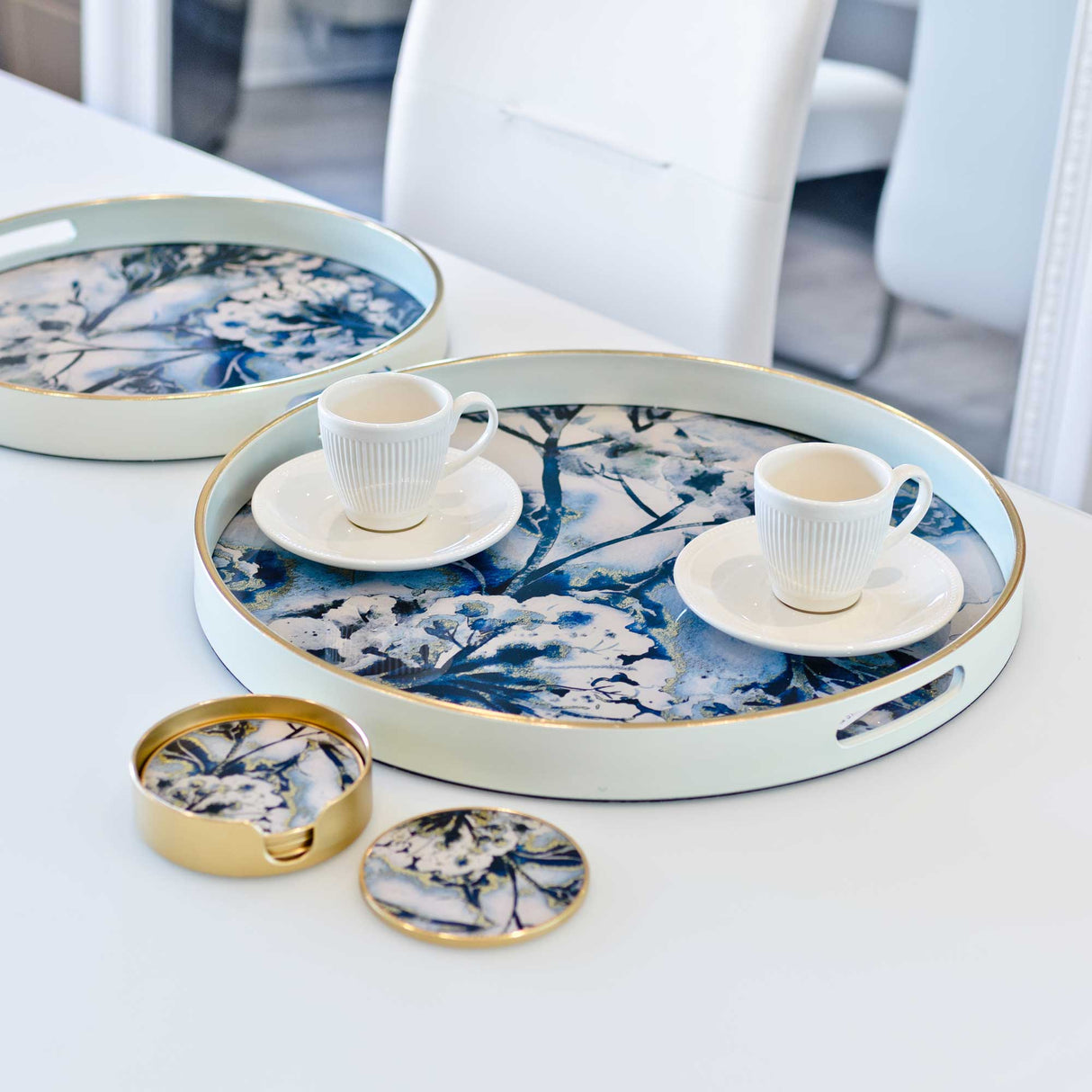 White Flower Circle Coasters Set of 4