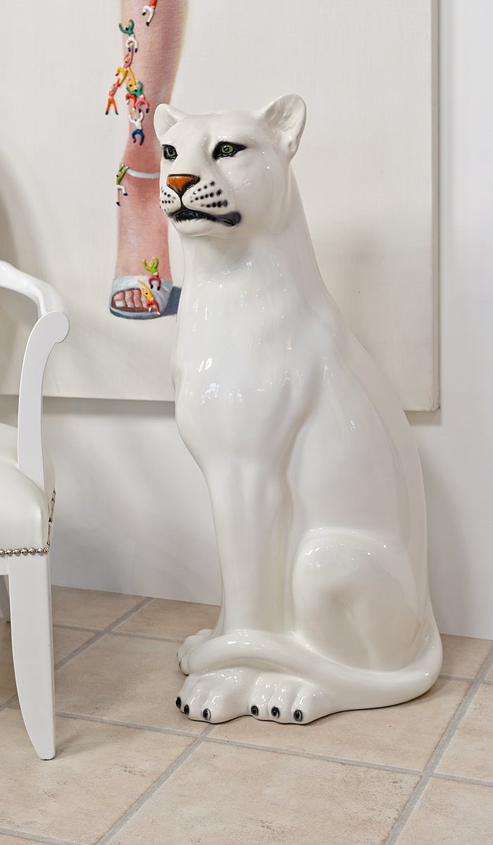 Porcelain White Leopard Statue - Boxer Ceramiche