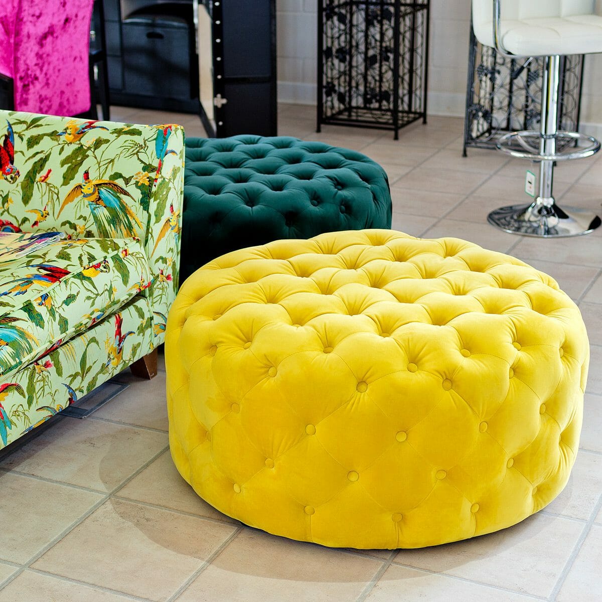 Yellow Round Fabric Pouffe