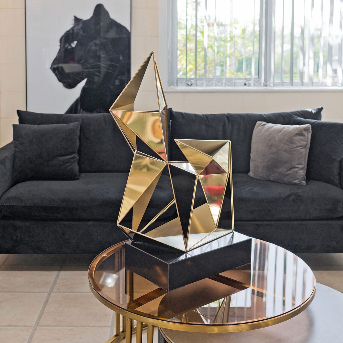 Gold Polygon Sculpture on display in our Showroom