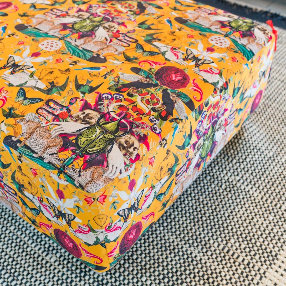 Myrtle and Mary Square Fabric Pouffe Close Up