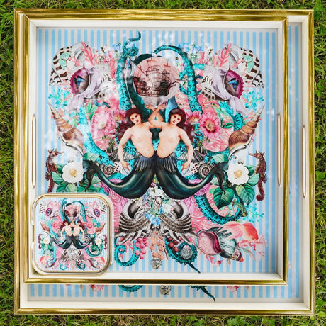 Myrtle and Mary Sirens Serving Trays in the Garden