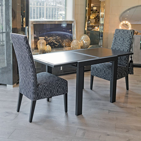Frosted Black Glass Extending Dining Table - on display in our showroom - after extension