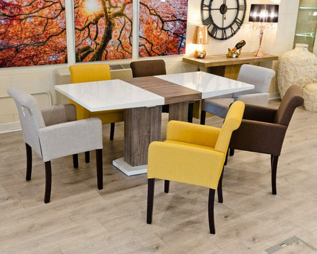 High Gloss White Extending Dining Table With Light Oak Wood Effect