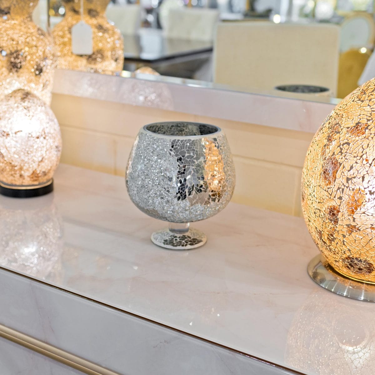 Mosaic Glass Hurricane Vase - On display