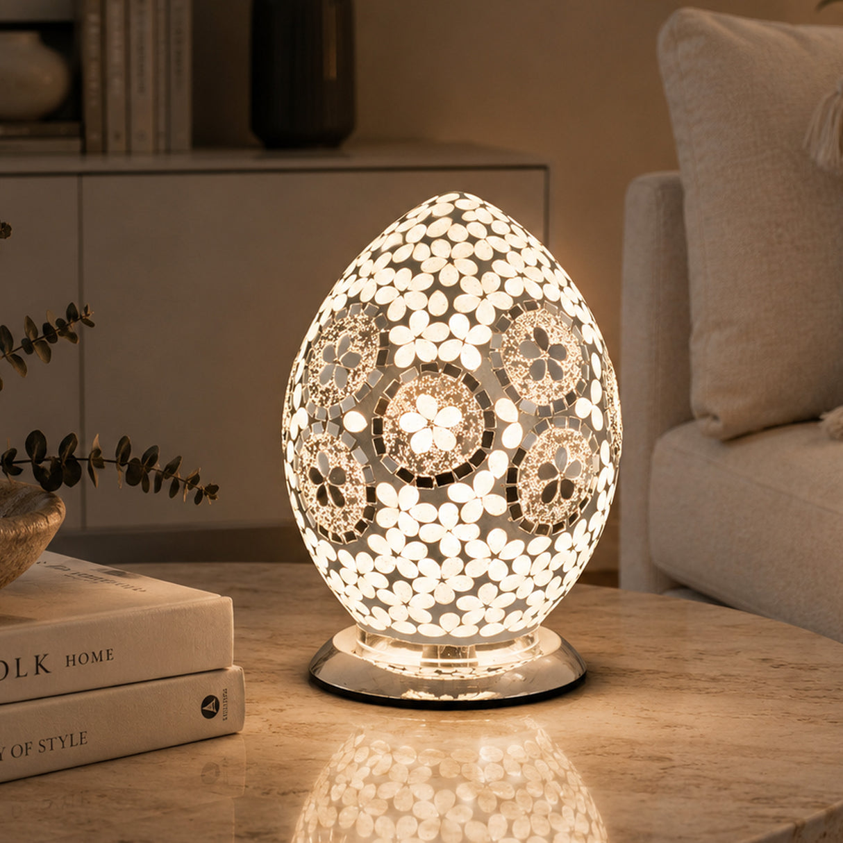 Art Deco Mirrored Flower Medium Mosaic Glass Egg Lamp