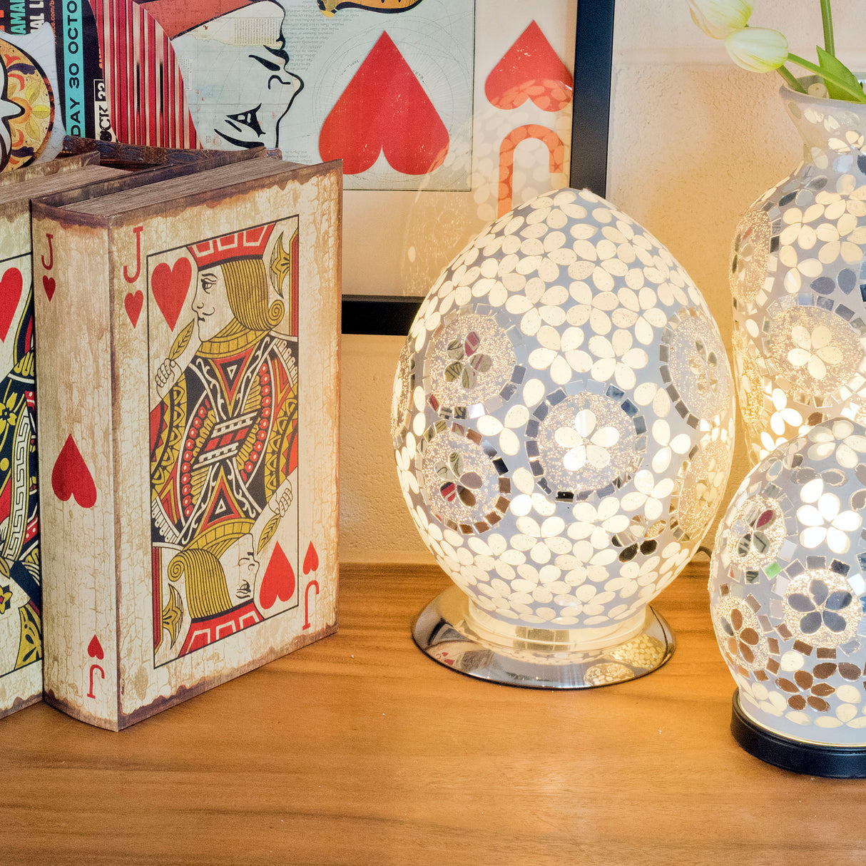 Art Deco Mirrored Flower Medium Mosaic Glass Egg Lamp