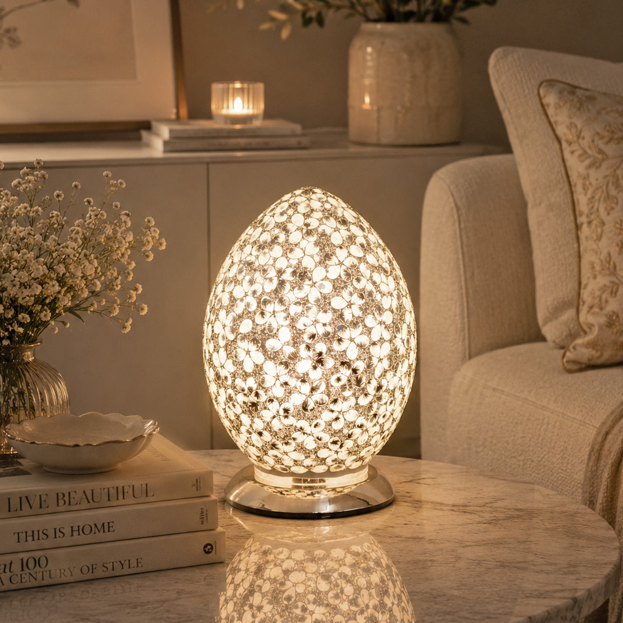 White Flower Medium Mosaic Glass Egg Lamp