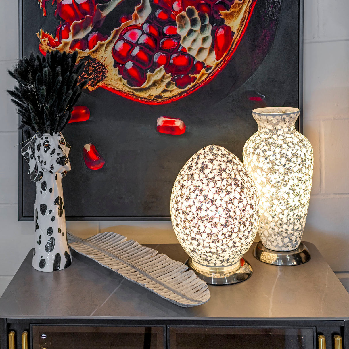 White Flower Medium Mosaic Glass Egg Lamp