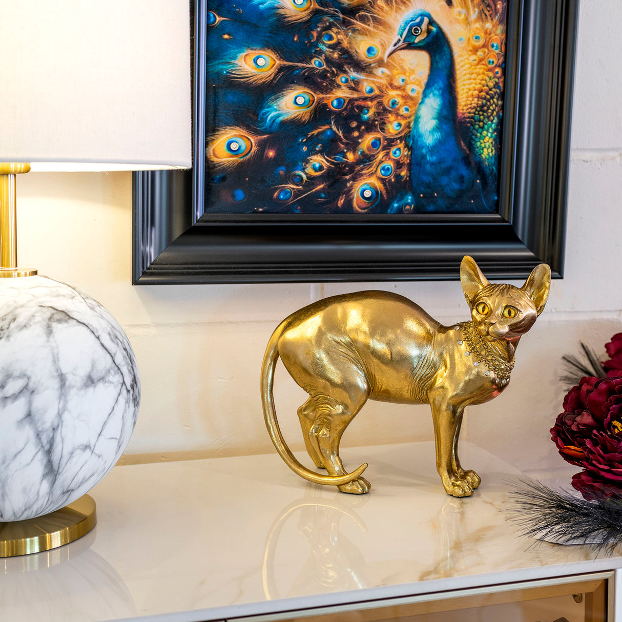 Gold Sphynx Cat Ornament with Diamante Necklace
