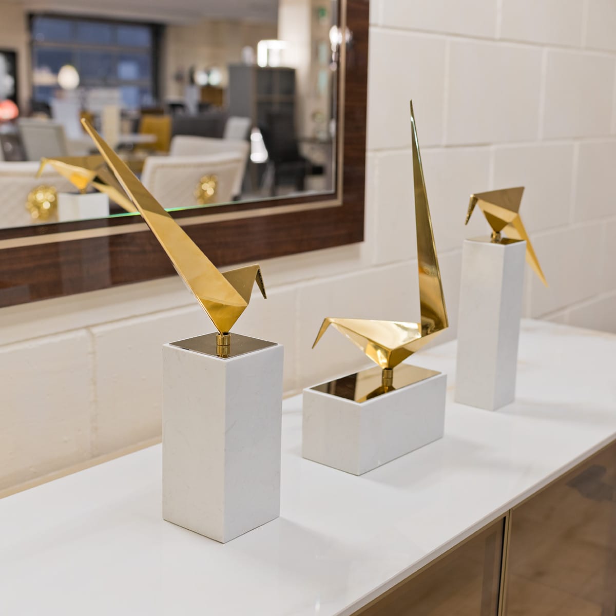 Long Tailed Tit on Marble Plinth Set of Three Statuettes in our Showroom