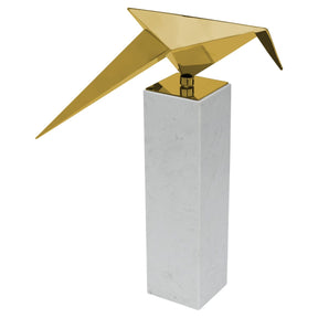 Gold Long Tailed Tit on Tall Marble Plinth – Animal Ornament by Febland
