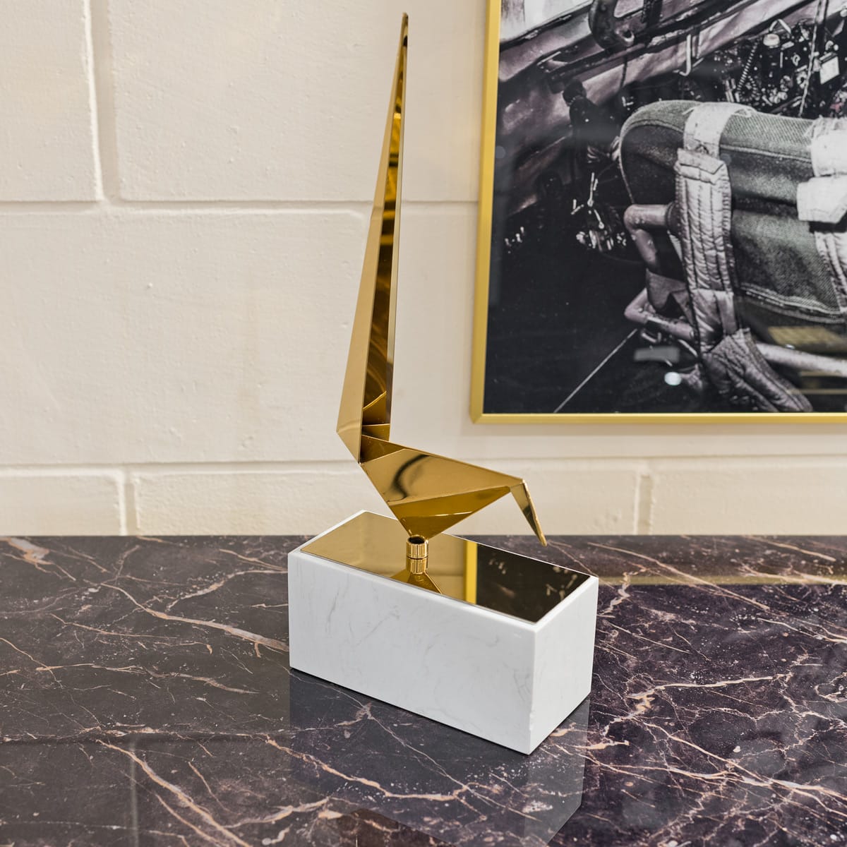 Long Tailed Tit on Small Marble Plinth in our Showroom