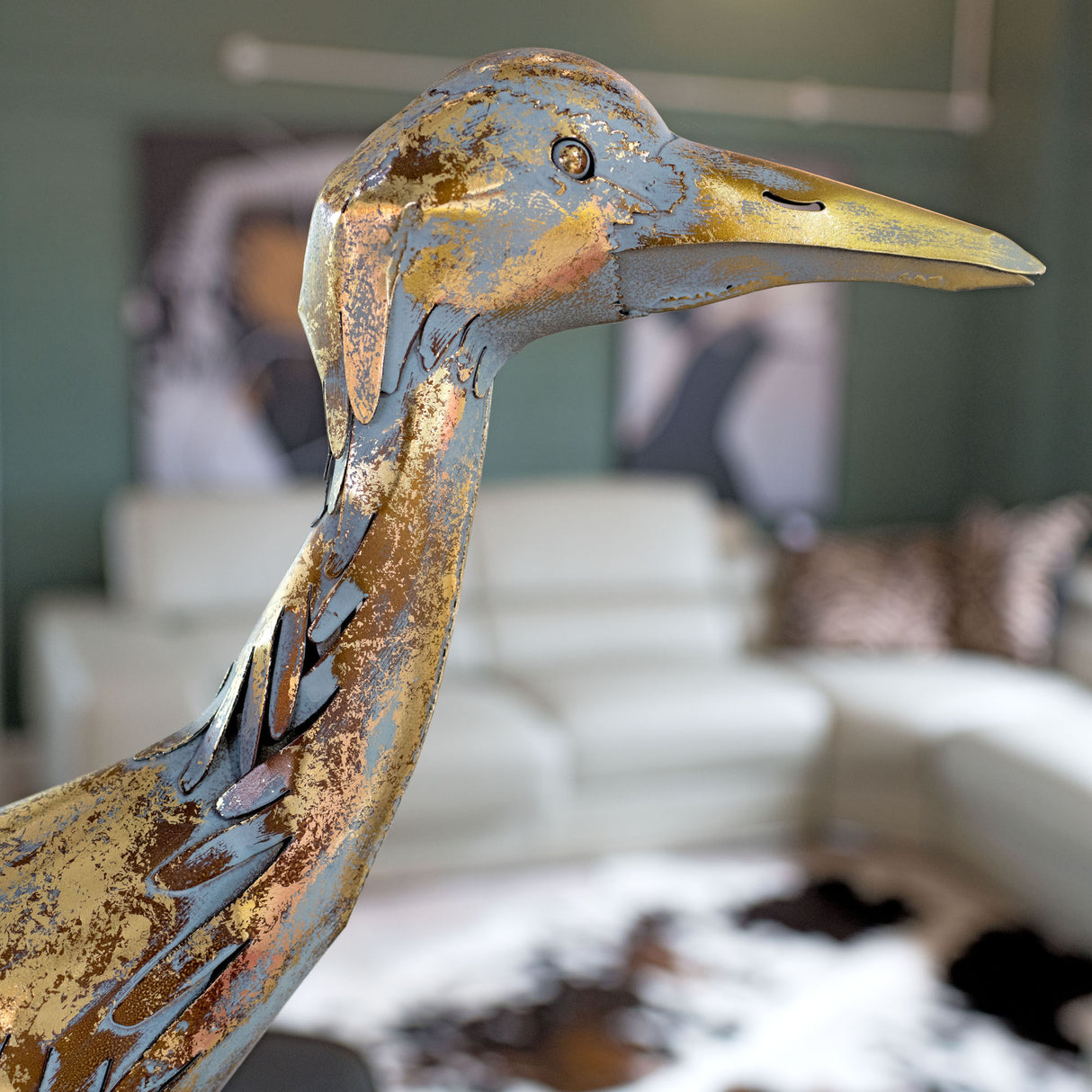 Metal Walking Crane Bird Sculpture