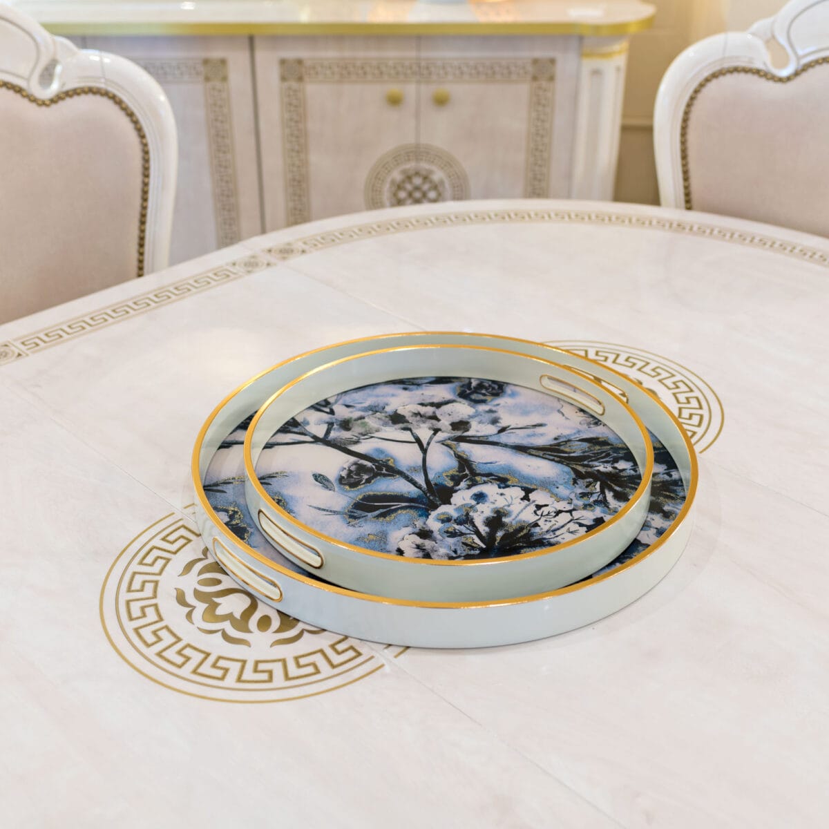 White Flower Serving Tray Set in our Showroom