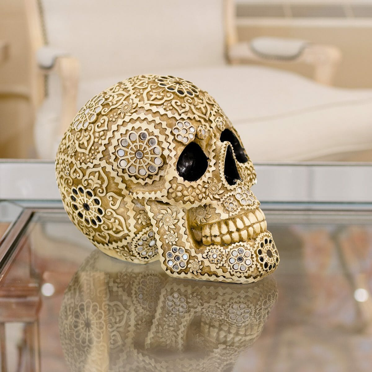 Calavera Natural Sugar Skull Ornament in our Showroom