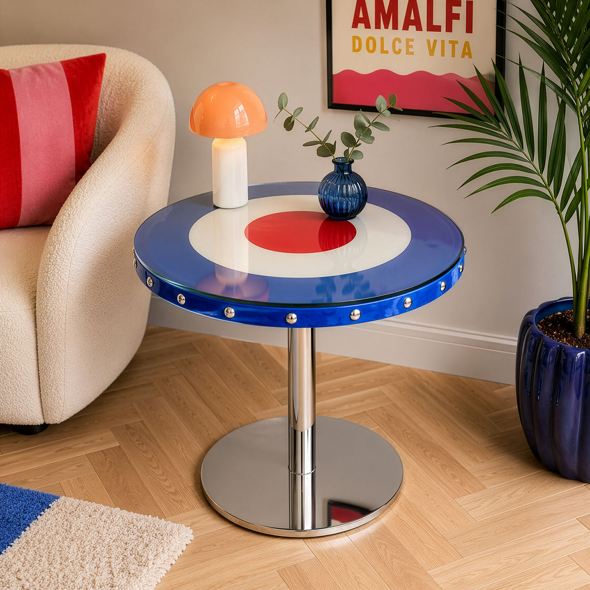 Upholstered 70cm Glass Top Table