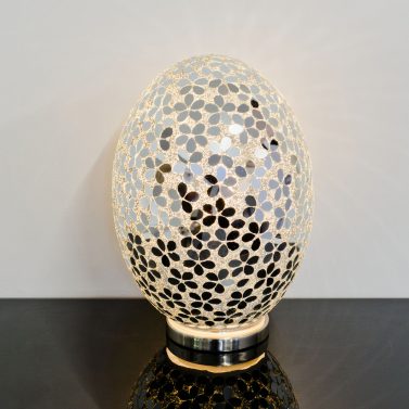 Large Mosaic Glass Egg Lamp - Mirrored Flower - Turned On